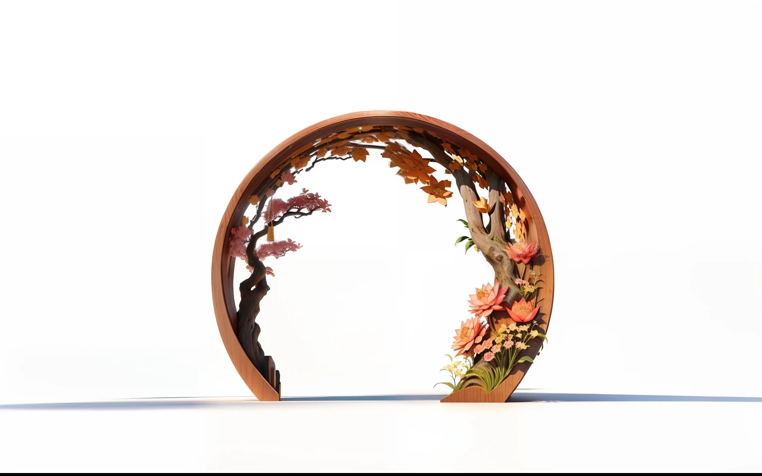There is a round object with a wavy pattern, Ukiyo-e sculpture, inspired by somi, arbor, Depicted as a 3D rendering, lotuses,Rice，camellia， Inspired by Koushiro Onchi, Inspired by Toshiei Katsukawa, Inspired by:《Qiu Wen Tianjiang》, forest portal, harvest