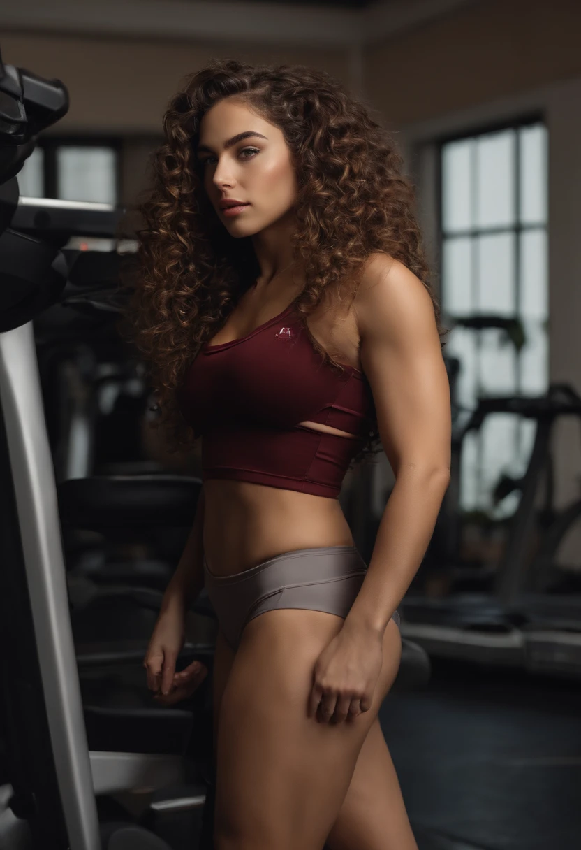 (realista)A woman with long curly brown hair working out in the gym, Ava Max, Her hair is curly brown, with long curly brown hair, Perfect girl with curly brown hair , Curly Chestnut Goddess, long brown curly hair, Angelawhite, with curly brown hair, Curly Brown, Yelena Belova, Belleza asombrosa, brown curly hair, full curly brown, with long curly brown hair, Cara sexy,cuerpo completo