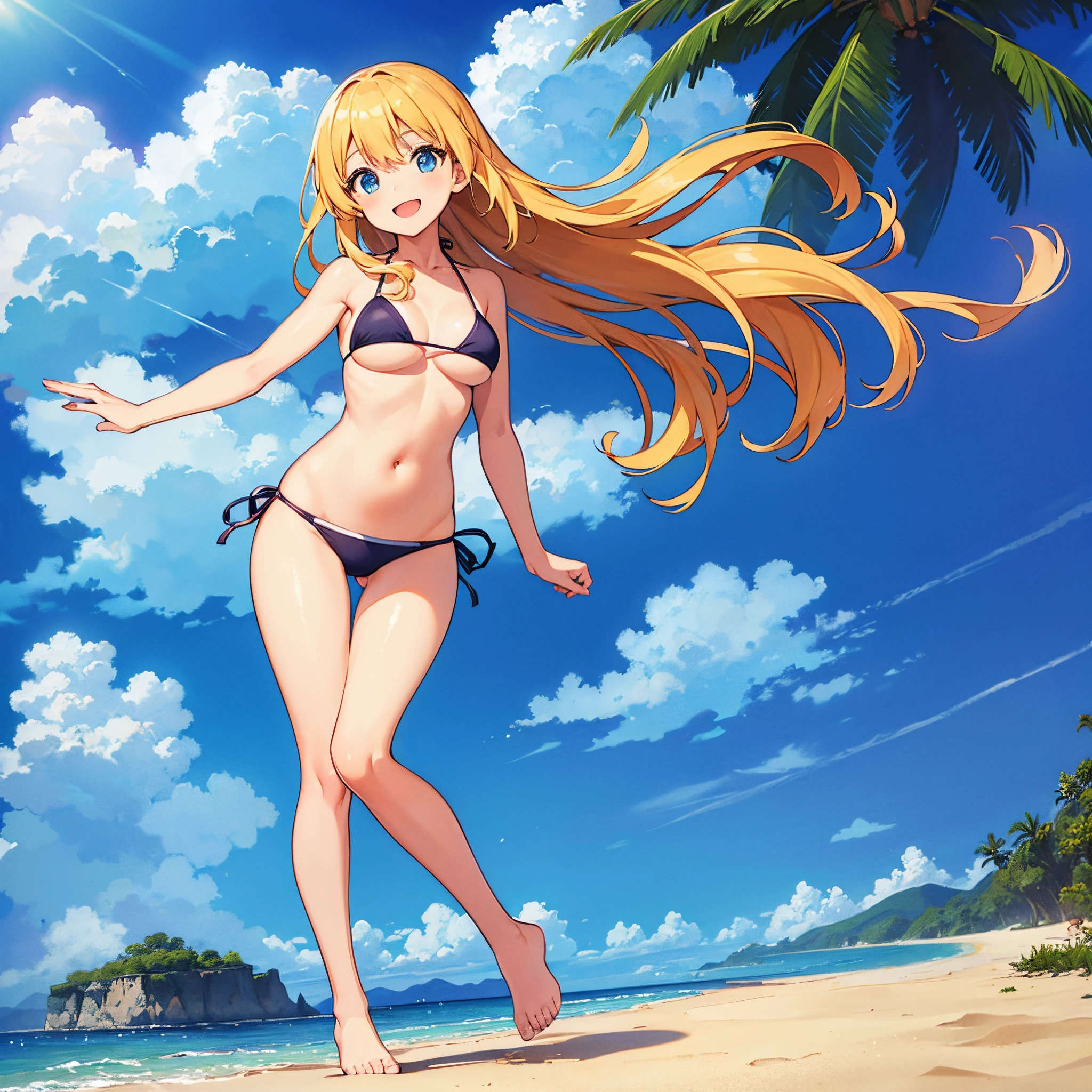 A girl in a bikini, Summer sand beach, Bright sunshine, blue open sky, Cheerful smile, Full body like, This way, solo, no text, no logo, no cloud, big boob, big hip,