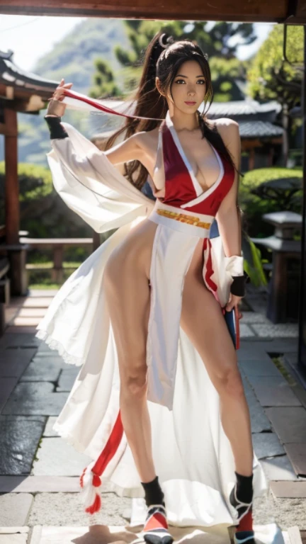 mai shiranui, Brown eyes, Full body portrait, Toes are visible, Standing, Full body, Prestige, Long hair, Brown hair, White ribbon, Sleeveless, poneyTail, sash, pelvis curtain, arm guards, mitts, tabi, fascinated expression, Sexy eyes, medium breasts, Smile, Cute, view the viewer, Long hair, Close to Japan temple, (breasts focus:1.2), (Realistic:1.2), (Full Shot: 1.2), (Realism), (masutepiece:1.2), (Best Quality), (ultra-detailliert), (8K, 4K, Convoluted), (85 mm), light Particle, Lighting, (Highly detailed:1.2), (Detailed face:1.2), (gradients), SFV, Colorful, (Detailed eyes:1.2), (Detailed temples of Japan: 1.2),(Detailed background), (Dynamic Angle:1.2), (Dynamic Pose:1.2), (Line of action:1.2), Wide Shot, Daylight, Solo.