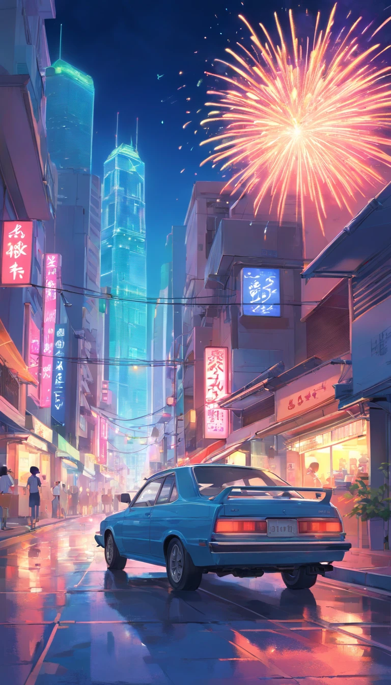 hong kong,Nathan,Buildings,Cars coming and going,the night,firework,neon
