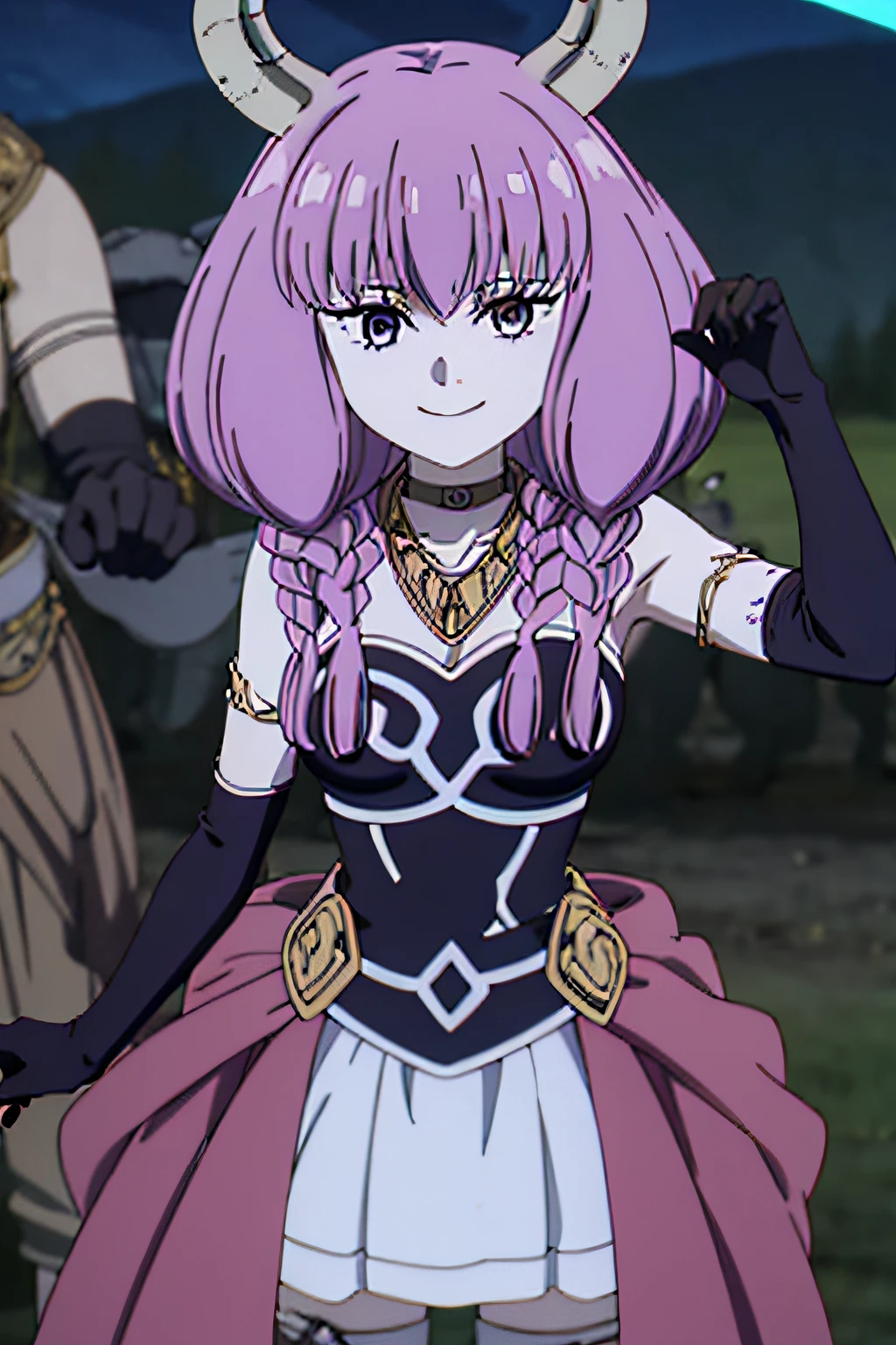 AURA THE GUILLOTINE, LONG HAIR, (PURPLE EYES:1.1), PURPLE HAIR, BRAID, HORNS, TWIN BRAIDS, SKIRT, THIGHHIGHS, GLOVES, CHOKER, BLACK GLOVES, ELBOW GLOVES, 1girl, solo, upper body, facing viewer, looking at viewer, smile,