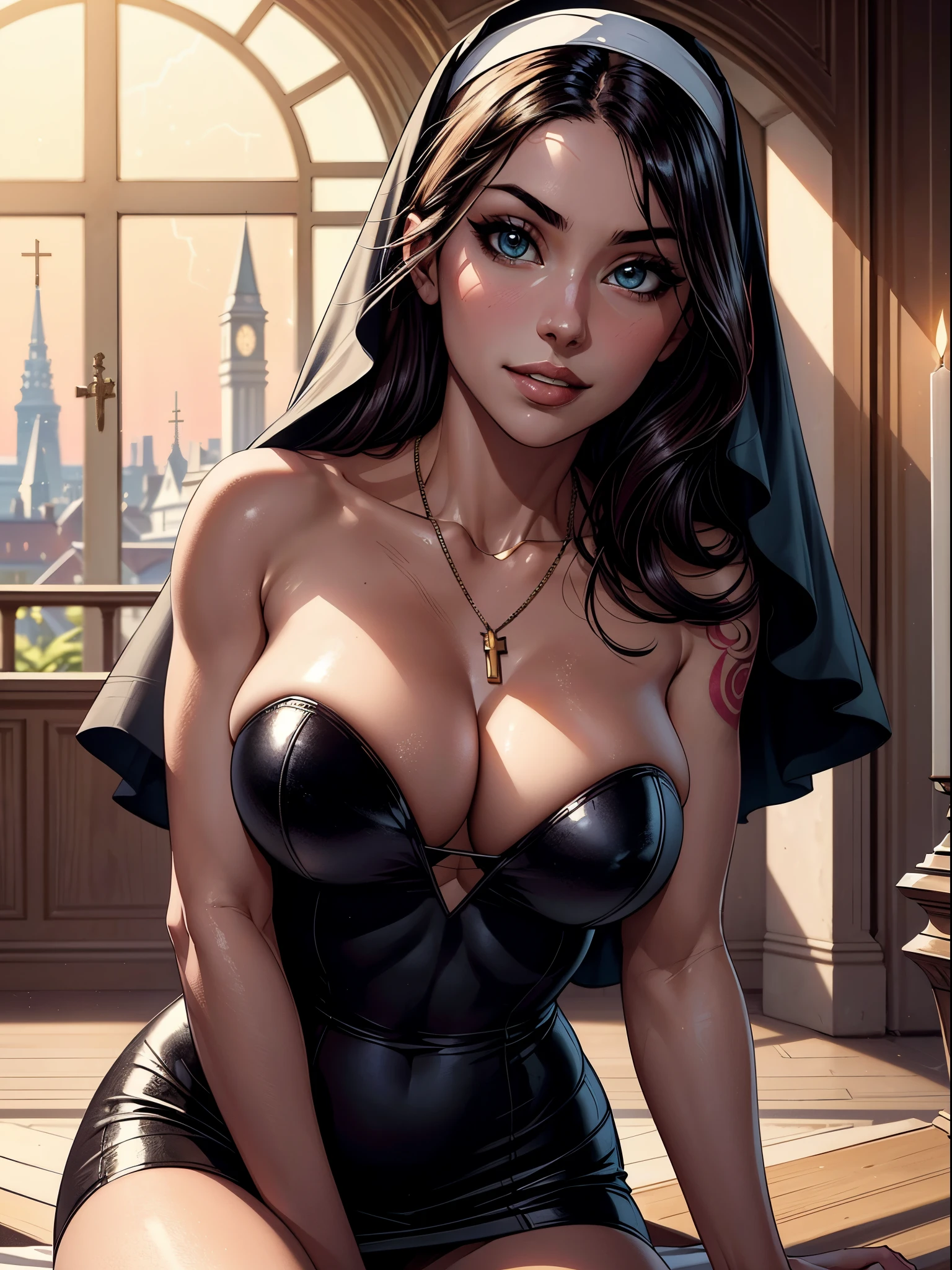 (​masterpiece), (top-quality), sunset, natural lights, ,(realistic:1.5), Madison Beer as a Stunningly beautiful nun, latex nun minidress, curvaceous, short_skirt, long_black hair, tanned, tattoos, wearing a nun outift with plunging neckline, necklace,, cleavage, sexy, sensual, hazel eyes, smiling, sexy pose, athletic, looking at viewer, eye contact, stunningly beautiful 20 years old nun, detailed church in background, catholic altar in background, sexually_suggestive, dynamic pose, action pose,alluring, seductive_pose, natural lights, cleavage, athletic body, medium breasts, upper body, mid shot, masterpiece, detailed, mature, bright colors, high saturation, stunningly beautiful girl, precise hands, determined expression, serious, courageous, brave, Clear eyes, Shining eyes,, ultra-definition, Top resolution,  soft lightning