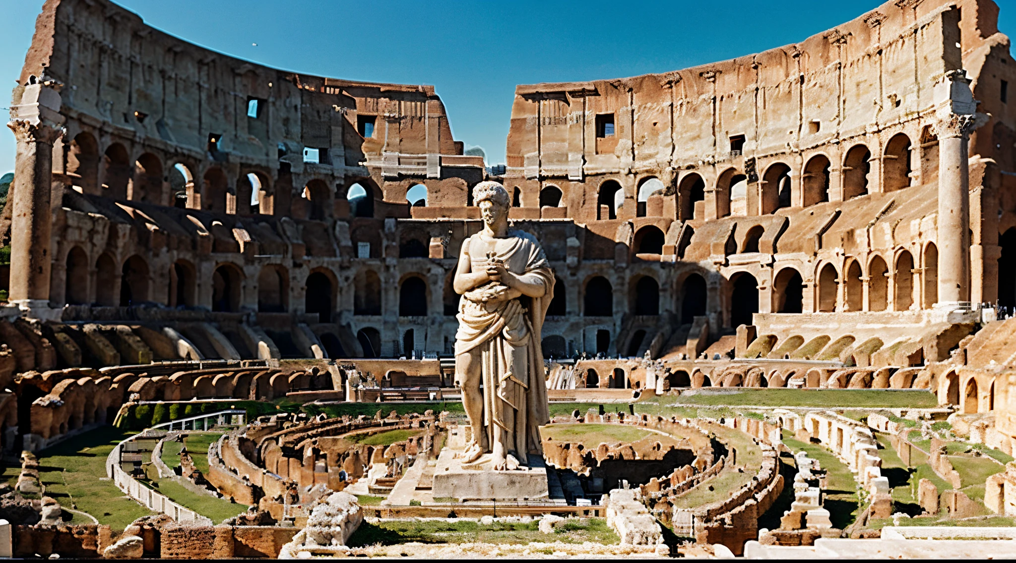 Imagem, ultra realista, white statue of stoic man, sentado pensativo, in the middle of the colosseum of ancient Greece