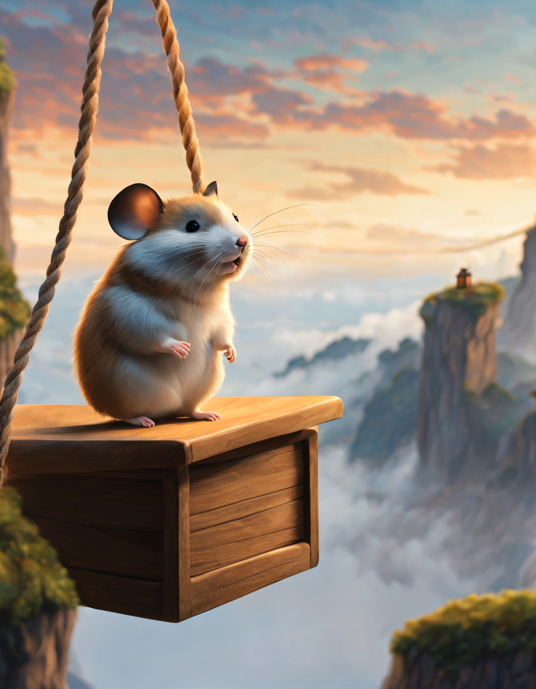 scenography,Very unified CG design,(Cute hamster hanging on a wooden airplane by a long rope),Background with:Between two mist-shrouded cliffs,
pixar-style,Felicia Simien and Studio Ghibli-style minimalist photography,Produced by Pixar,Maximalism,fine art,电影灯光,negative space,Dark art,ultra-realistic realism,ukiyoe painting,