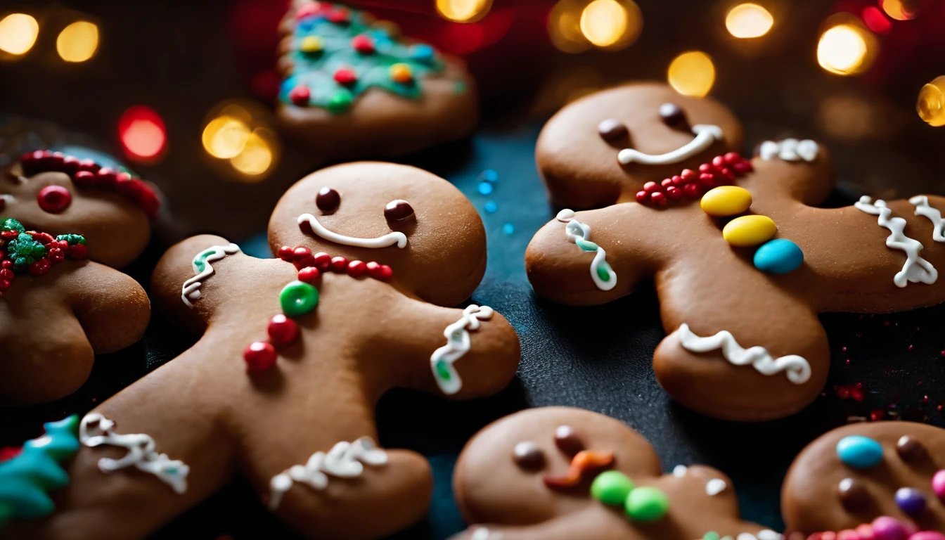 A visually stunning composition of a cute Christmas gingerbread man cookie decorated with colorful sprinkles and candy buttons, creating a visually whimsical and joyful scene.