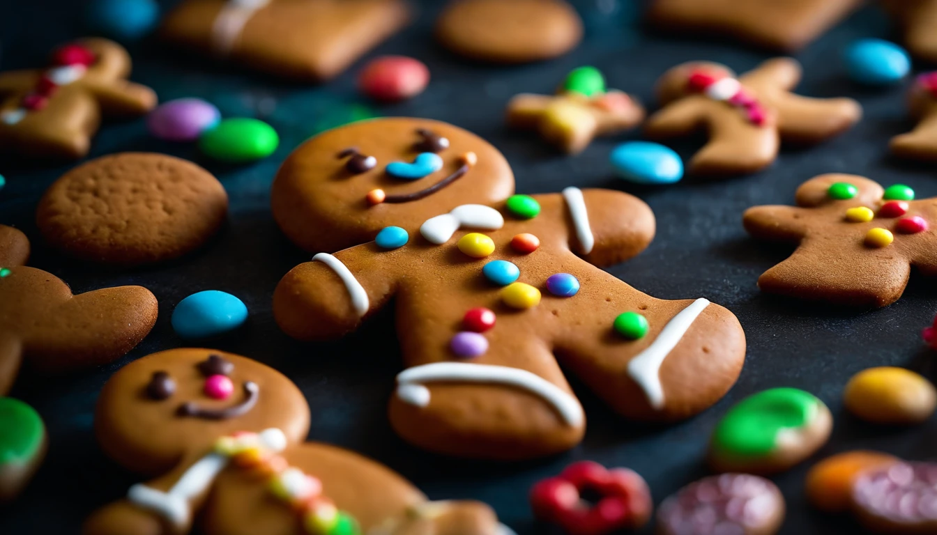 A visually stunning composition of a cute Christmas gingerbread man cookie decorated with colorful sprinkles and candy buttons, creating a visually whimsical and joyful scene.
