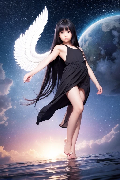 full body,floating,angel, girl,very long black hair,