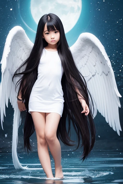 full body,floating,angel,10 years old girl,very long black hair,