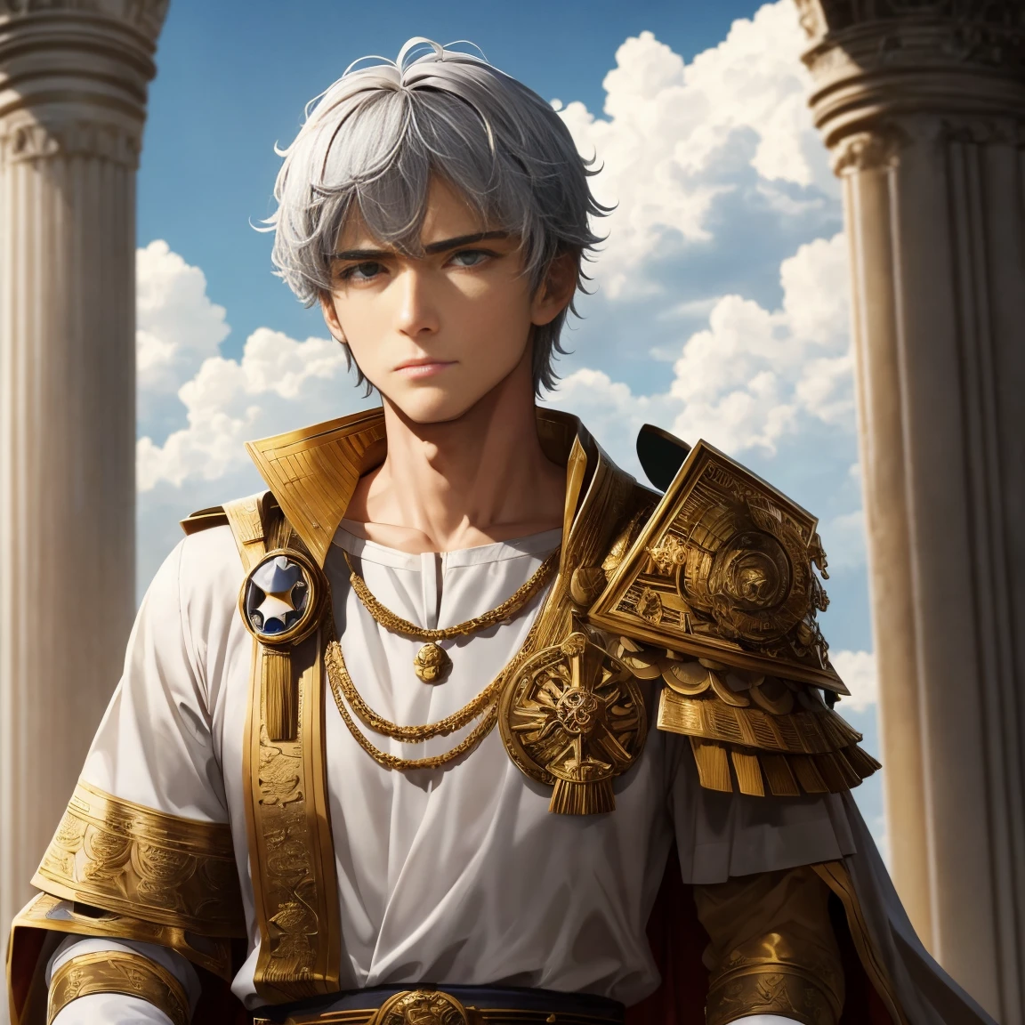 Roman Emperor Constantine the Great。Adults。1 male。Calm and serious expression。calm and authoritative。forceful。Late Roman Empire。late roman costume。has eyes like a lion。thick neck。broad shoulder。It's peaceful but、Be ruthless when necessary。clear sky。white clouds。golden cross。masterpiece。top-quality。Ultrarealistic。vivid。detaileds。Cinematic。Super visual beauty。