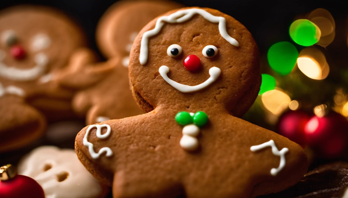 A close-up shot of a cute Christmas gingerbread man cookie’s smiling face, with icing accents and gumdrop eyes, creating a visually detailed and charming image.