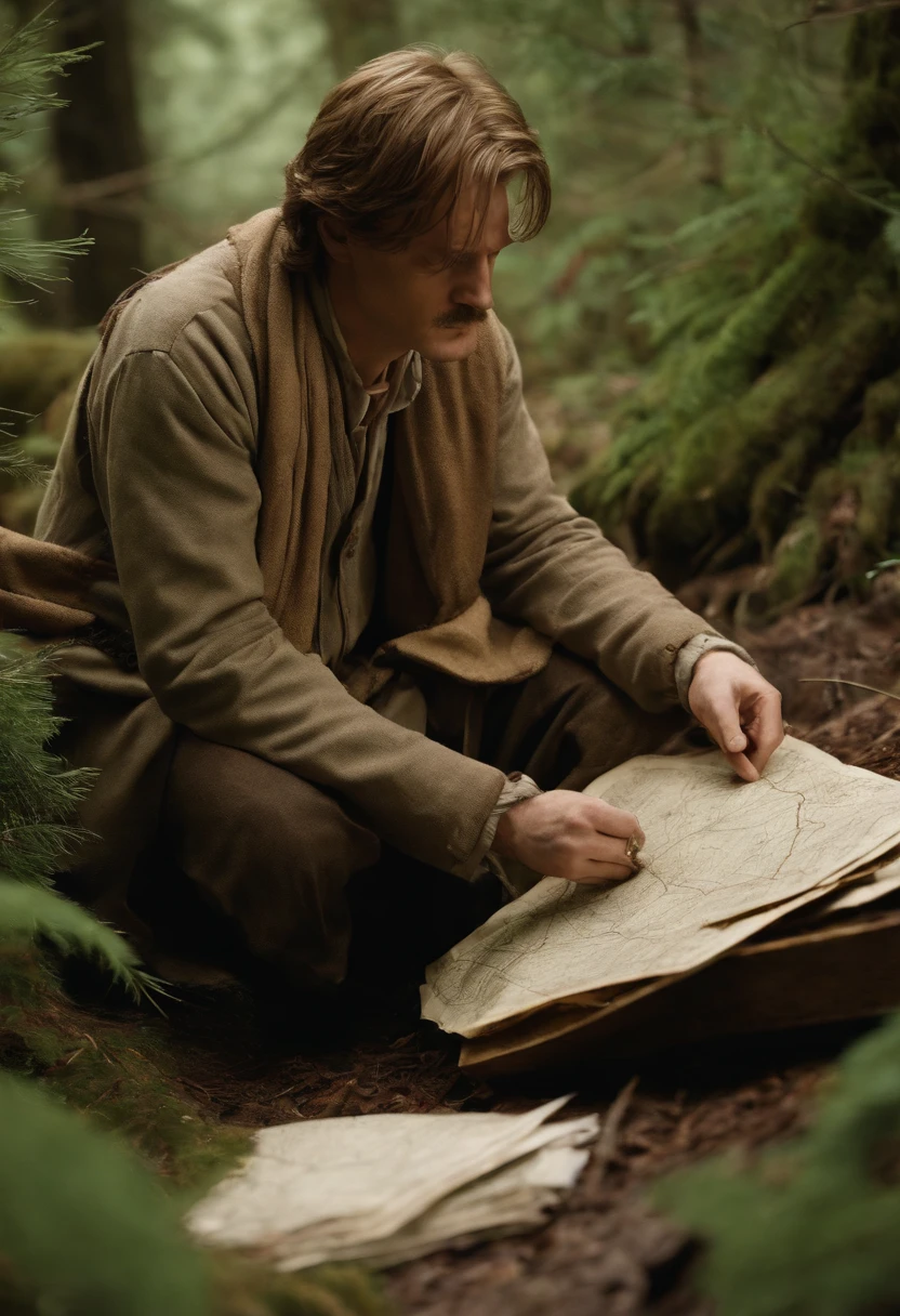 A photo of Remus carefully examining a detailed map of the Forbidden Forest, tracing the paths and marking potential areas of interest with meticulous precision.,Harry Potter and the Prisoner of Azkaban,Remus has light brown hair, wears shabby robes, and has a claw scar across his face. Famously portrayed by David Thewlis, male