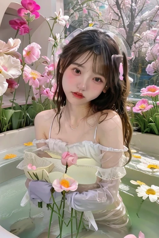 Close-up of a woman sitting in a bathtub with flowers, Digital art inspired by Yanjun Cheng, Douban, romanticism lain, Popular topics on cgstation, guweiz, There are flowers, 🌺 CG Society, with frozen flowers around her, beauty filter, Sitting Among the Flowers, Guweiz style artwork, Beautiful and cute with plop