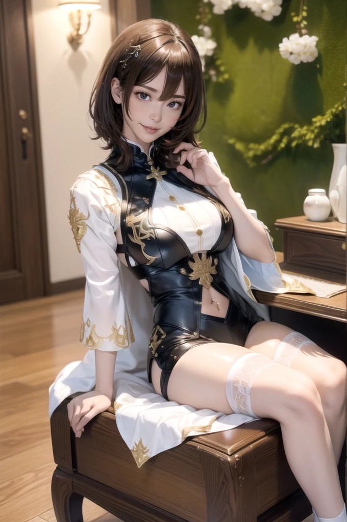 A very beautiful 19-year-old woman, (white hair:0.8), bob haircut, short hair, (yellow eyes:0.8) bright golden eyes, red nails, young beautiful face, muscular, slim but well-proportioned body, perfect white skin, highly detailed drawing, realistic face. (((Wearing traditional Chinese imperial clothes, black with gold decorations:0,3))) ((black clothing with gold details:0,3)) ((black robe with gold ornaments:0,3)) ((black dress with gold accents,)) ((red skirt with gold details:0,5)) (with red Hanafuda earrings:0,5) (garterbelt black thigh-high socks.) Kneeling on a white bed in an ancient Chinese room, with a full moon and stars visible through the window at night, with light flashes reflecting on her body. 4k anime art, perfect lighting.