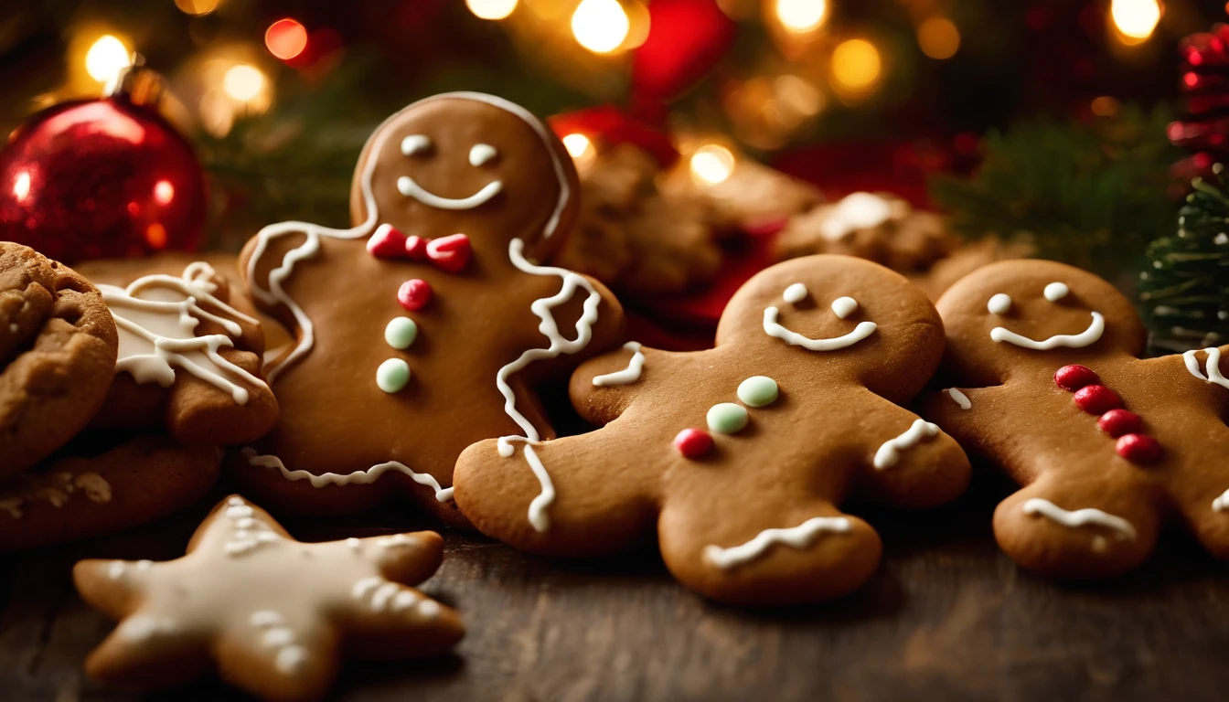 A visually pleasing composition of a cute Christmas gingerbread man cookie surrounded by a variety of other holiday-themed cookies, showcasing a delicious and festive assortment, creating a visually tempting and delightful scene.