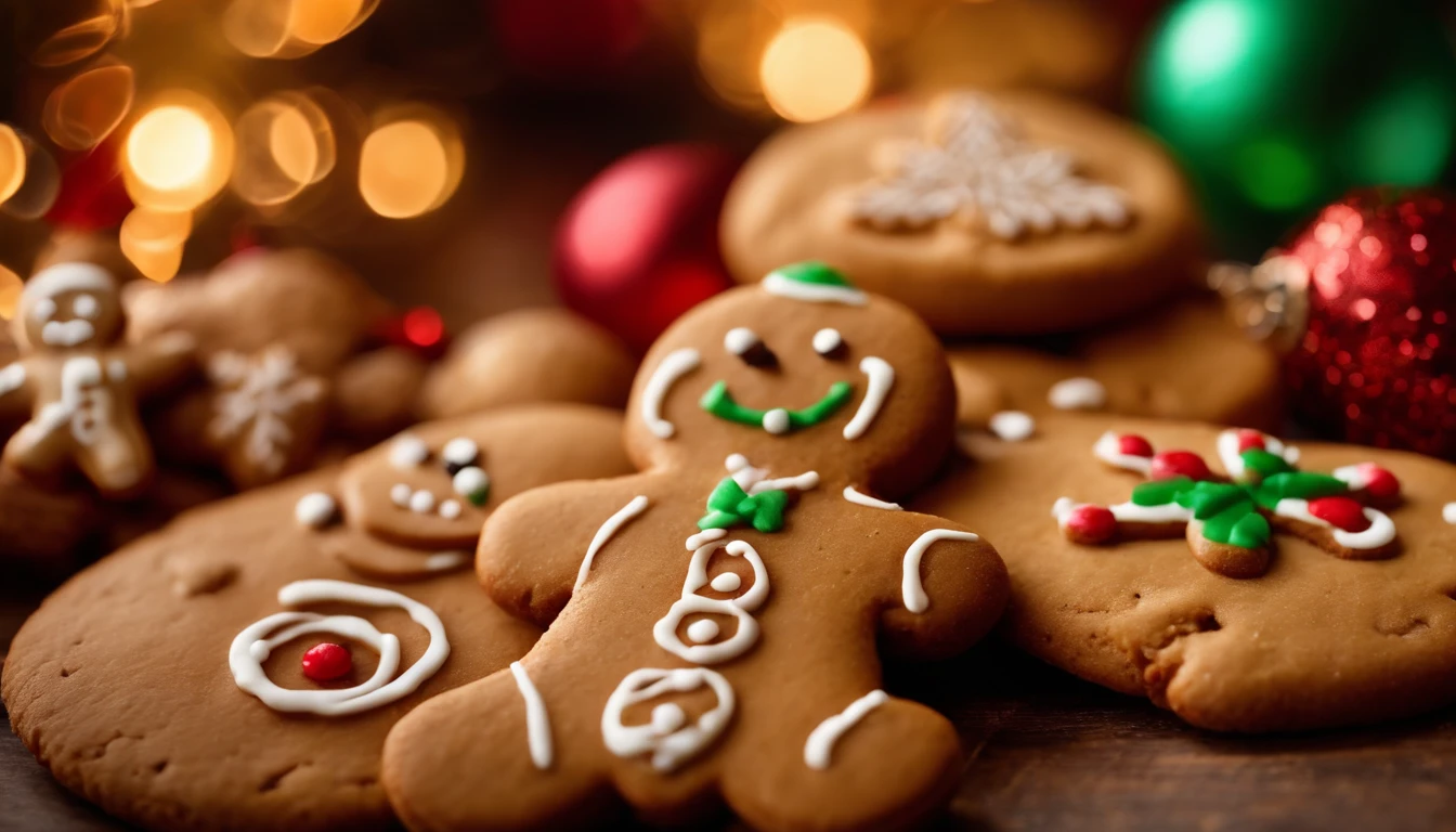 A visually pleasing composition of a cute Christmas gingerbread man cookie surrounded by a variety of other holiday-themed cookies, showcasing a delicious and festive assortment, creating a visually tempting and delightful scene.