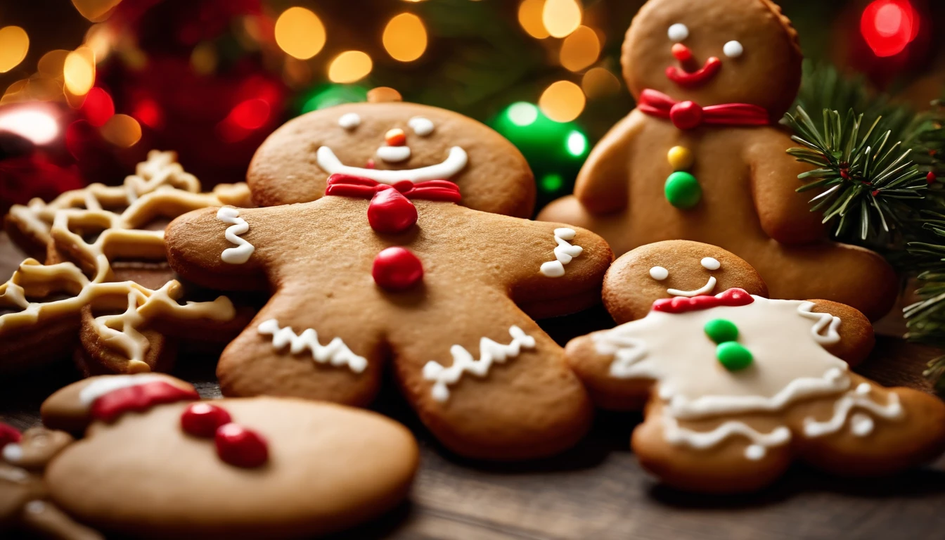 A visually pleasing composition of a cute Christmas gingerbread man cookie surrounded by a variety of other holiday-themed cookies, showcasing a delicious and festive assortment, creating a visually tempting and delightful scene.
