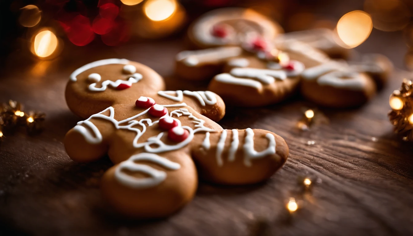 A close-up shot of a cute Christmas gingerbread man cookie’s icing details, showcasing the intricate patterns and designs, creating a visually intricate and artistic image.