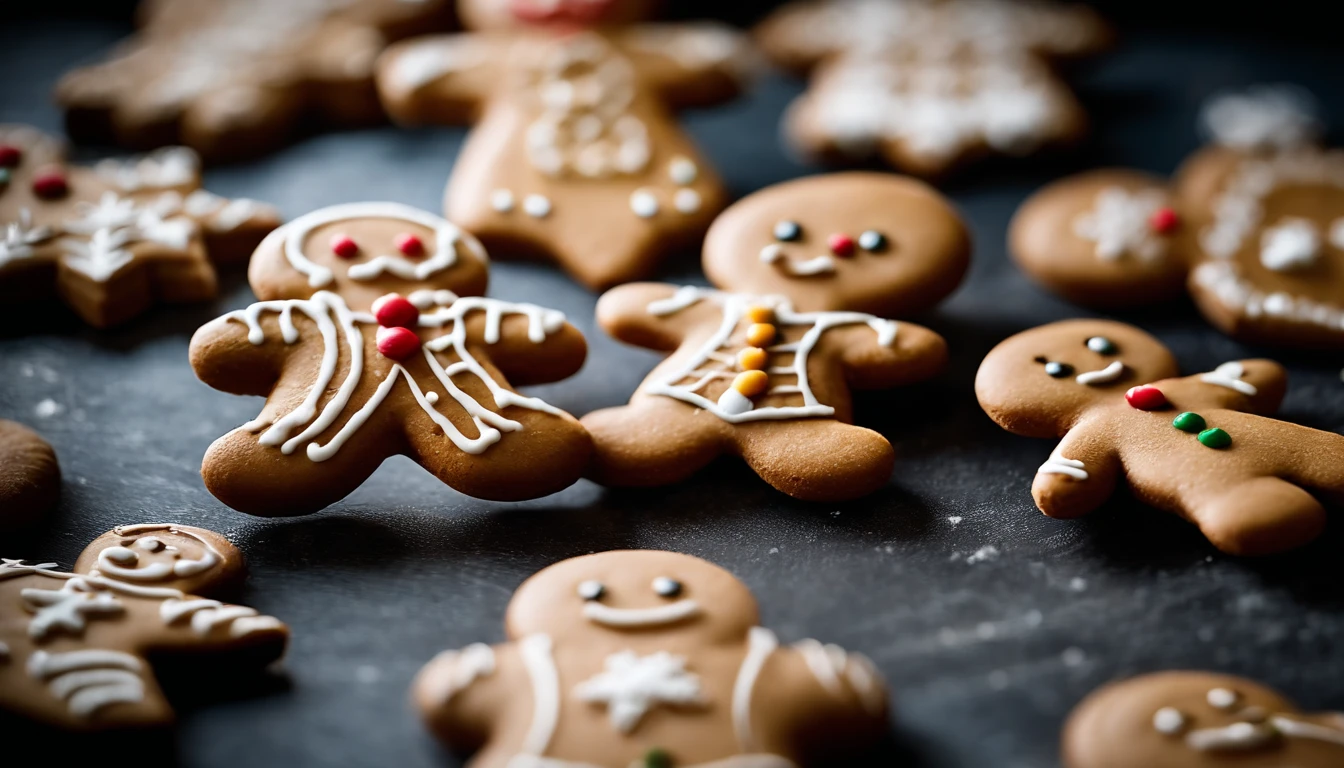 A close-up shot of a cute Christmas gingerbread man cookie’s icing details, showcasing the intricate patterns and designs, creating a visually intricate and artistic image.