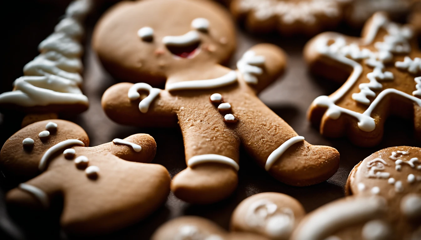 A close-up shot of a cute Christmas gingerbread man cookie’s icing details, showcasing the intricate patterns and designs, creating a visually intricate and artistic image.