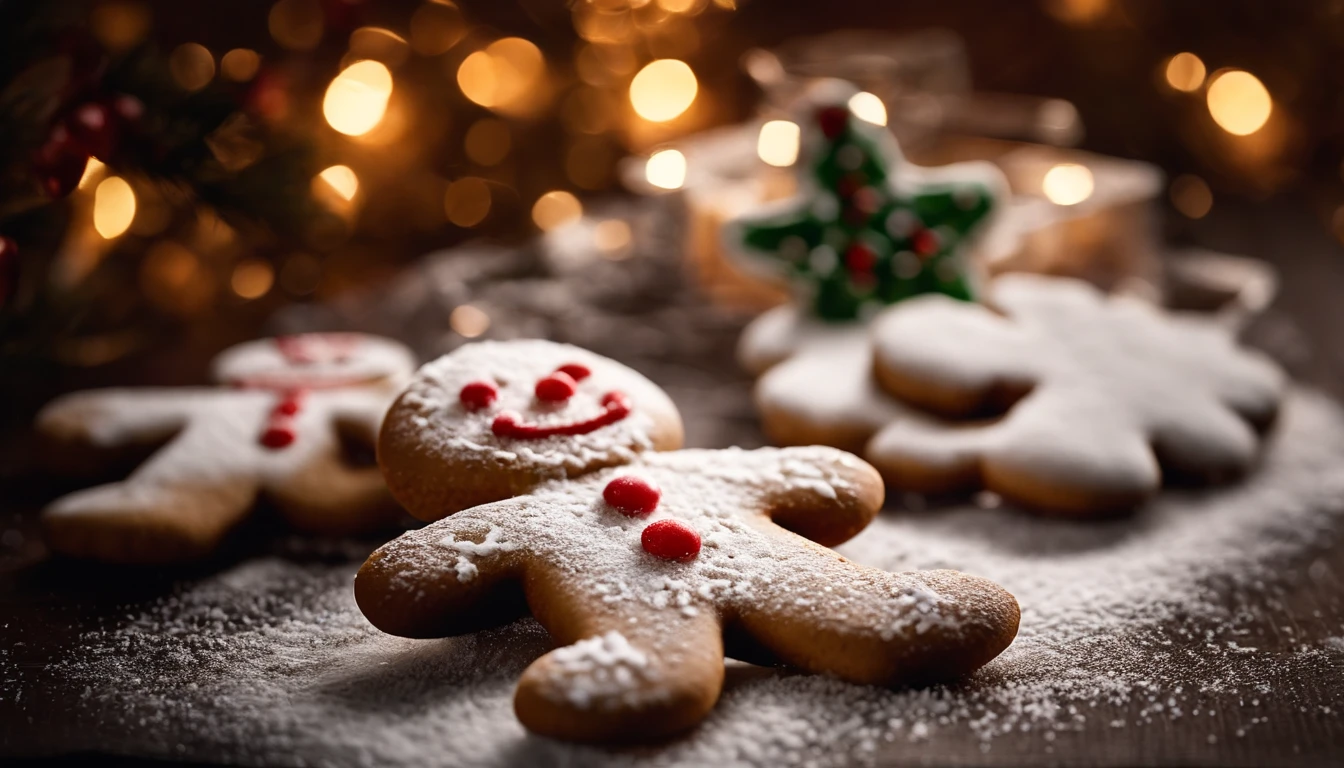A high-resolution image of a cute Christmas gingerbread man cookie covered in a dusting of powdered sugar, creating a visually nostalgic and cozy scene.