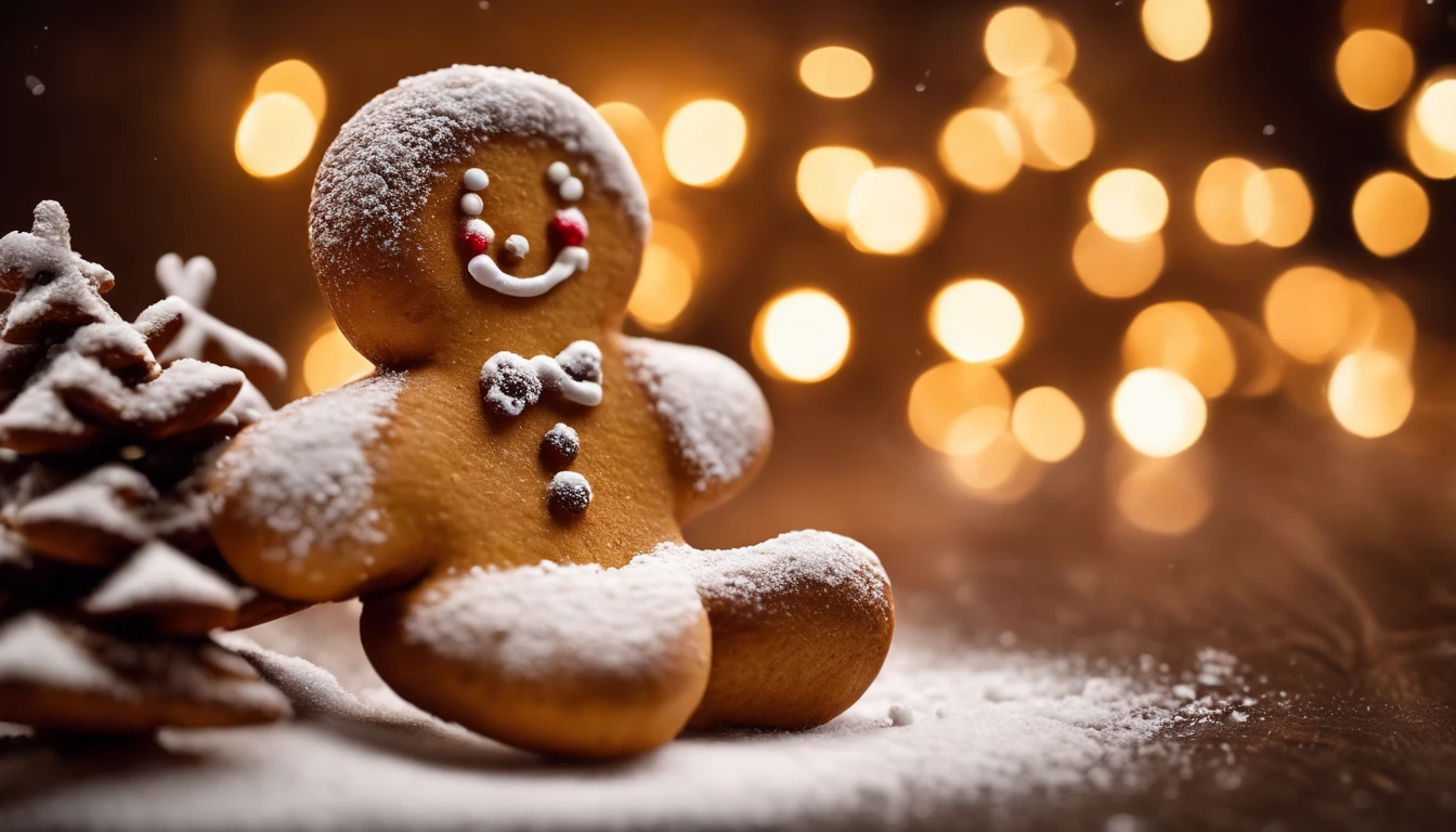 A high-resolution image of a cute Christmas gingerbread man cookie covered in a dusting of powdered sugar, creating a visually nostalgic and cozy scene.