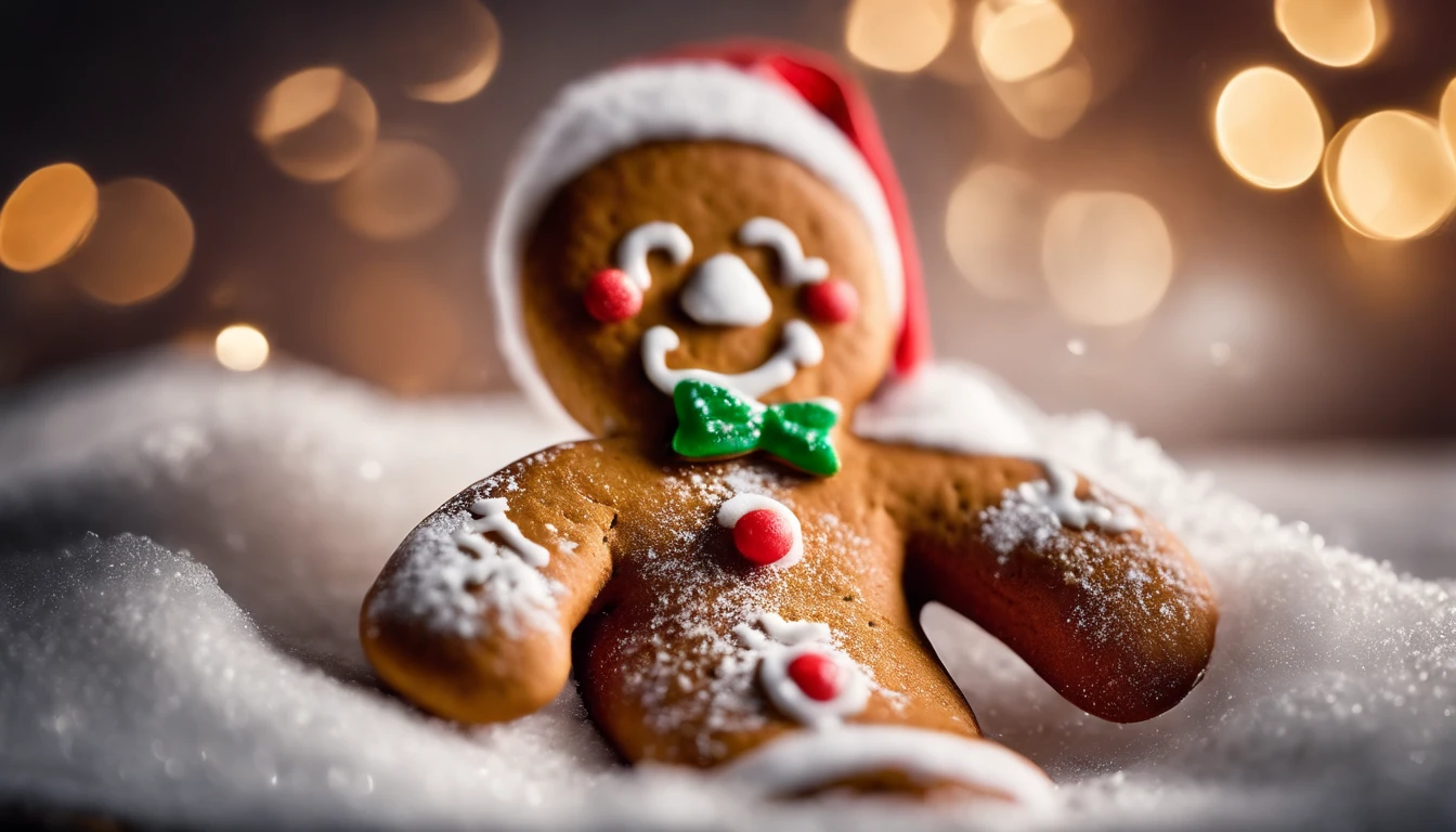 A high-resolution image of a cute Christmas gingerbread man cookie covered in a dusting of powdered sugar, creating a visually nostalgic and cozy scene.