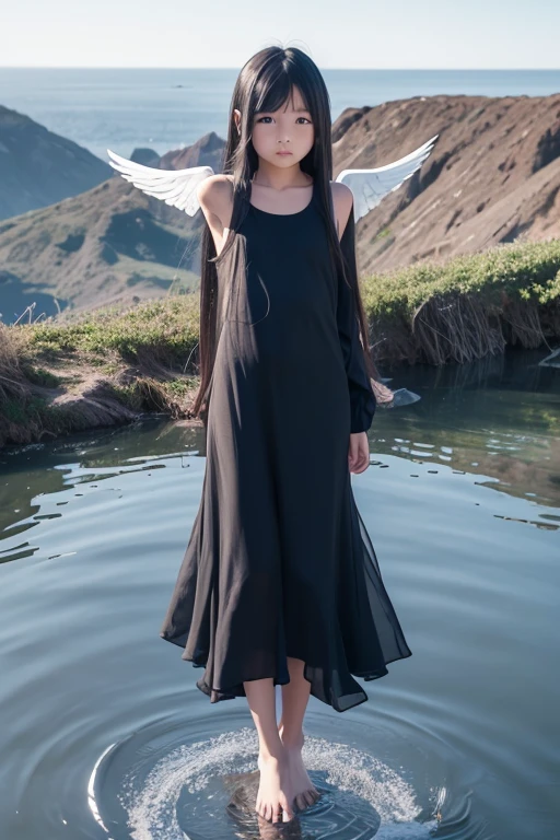full body,floating,angel,10 years old girl,very long black hair,
