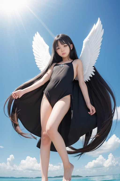full body,floating,angel,10 years old girl,very long black hair,