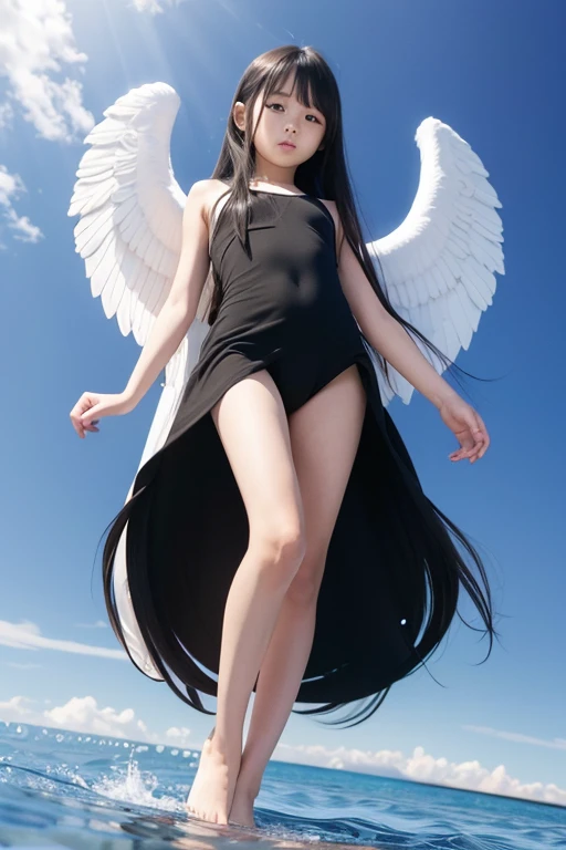 full body,floating,angel, girl,very long black hair,