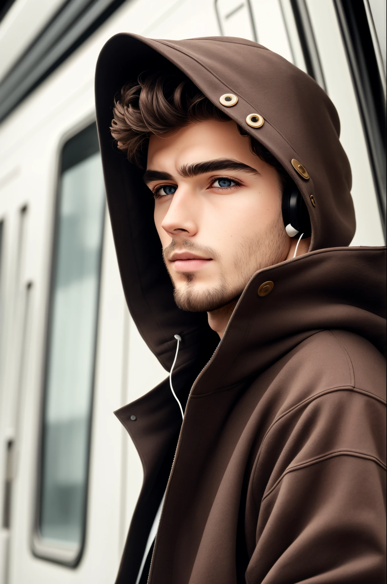 (masterpiece, sidelighting, ultra-detailed, finely detailed beautiful eyes: 1.2), 1man, bag, building, from side, headphones, hood, hood down, hooded jacket, hoodie, jacket, long hair, dark brown hair, profile, brown hair beard low cut, solo, train, train interior, upper body, Masterpiece, best quality