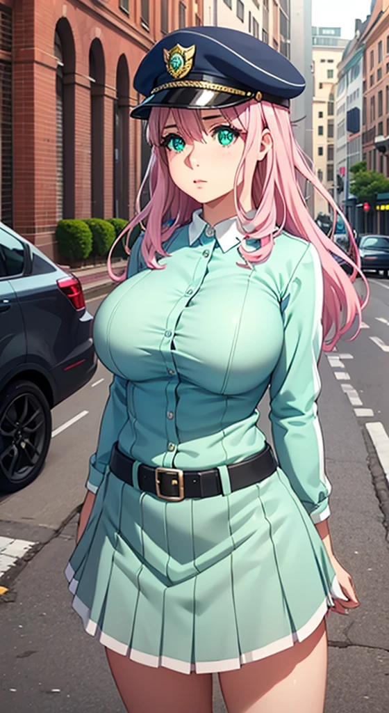 Very Cute girl, massive sized boobs,half naked ,ultra realistic eyes, police dress,short police skirt, police cap on her head,street outside, pink colour hair,bright green eyes, ultra realistic detailed eyes, innocent eyes, looking at camera,long pink hair,