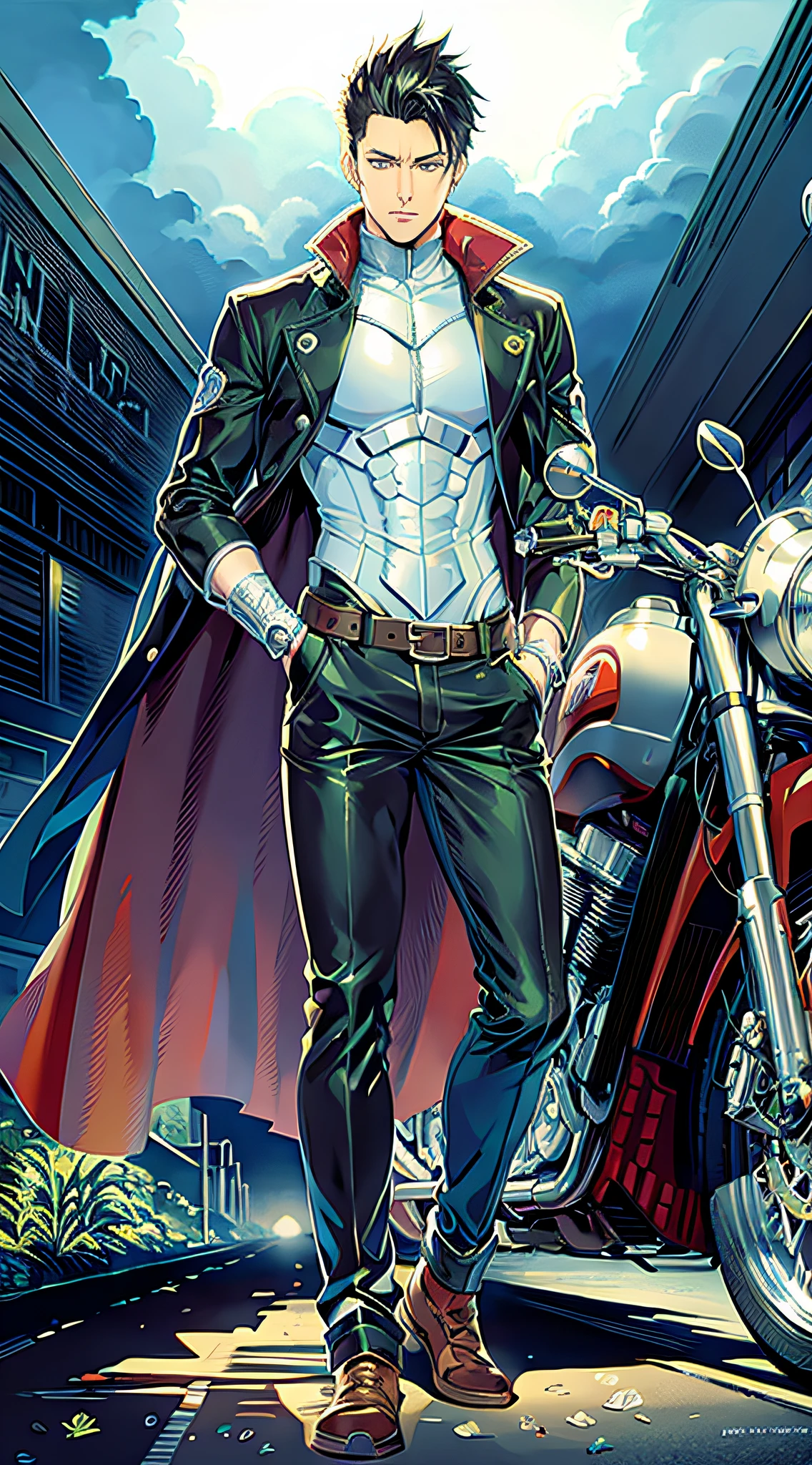Cartoon character standing next to motorcycle in urban environment, kentaro miura manga art style, style of hajime isayama, kentaro miura manga style, Handsome Saitama, manga style of kentaro miura, Handsome Saitama. iintricate, striking manga artstyle，miura kentaro style，Inspired by Taro Miura,detailed full-body concept