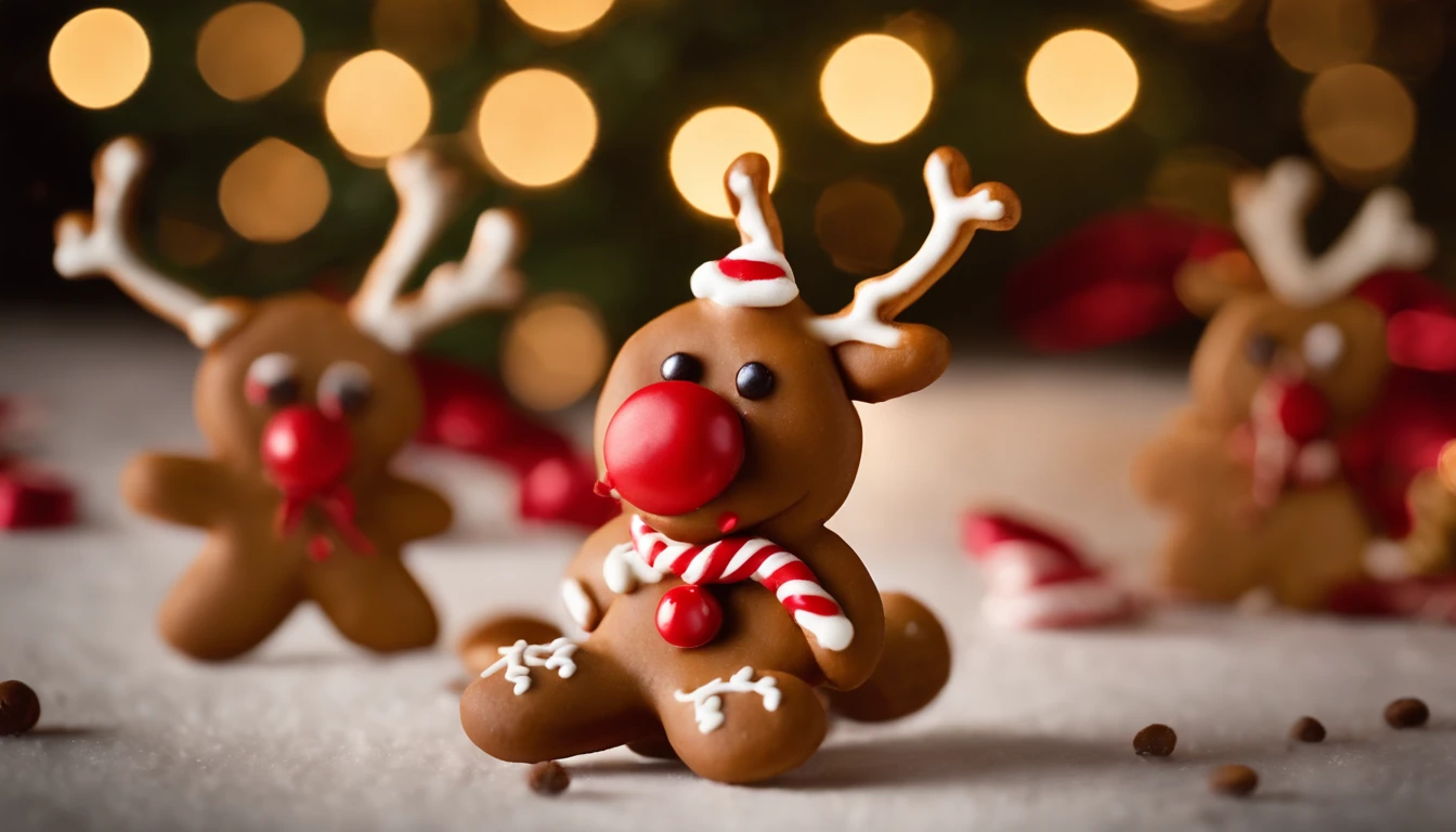 A visually stunning composition of a cute Christmas gingerbread man cookie dressed up as a reindeer with pretzel antlers and a red candy nose, creating a visually whimsical and imaginative scene.