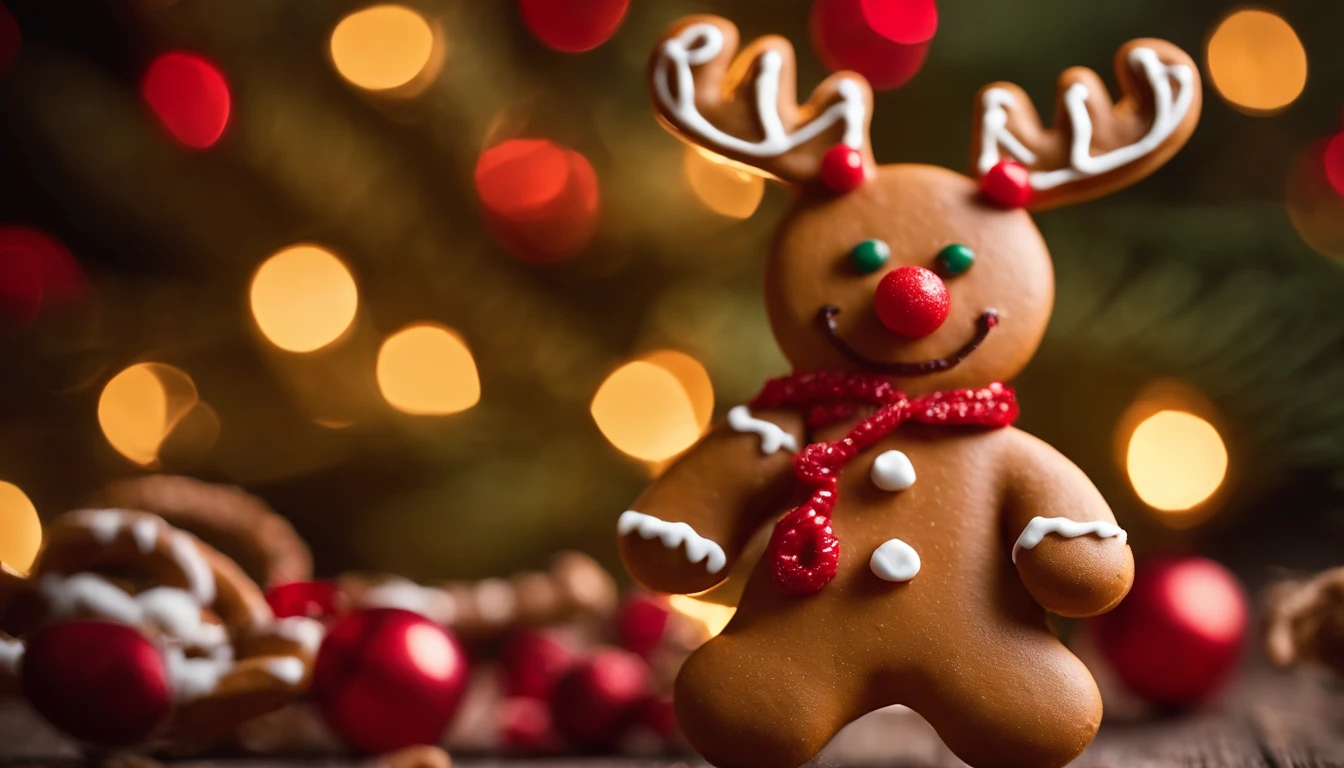 A visually stunning composition of a cute Christmas gingerbread man cookie dressed up as a reindeer with pretzel antlers and a red candy nose, creating a visually whimsical and imaginative scene.