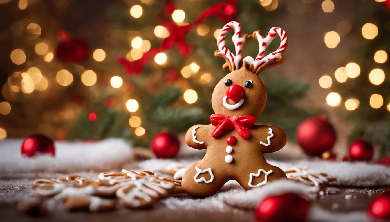 A visually stunning composition of a cute Christmas gingerbread man cookie dressed up as a reindeer with pretzel antlers and a red candy nose, creating a visually whimsical and imaginative scene.