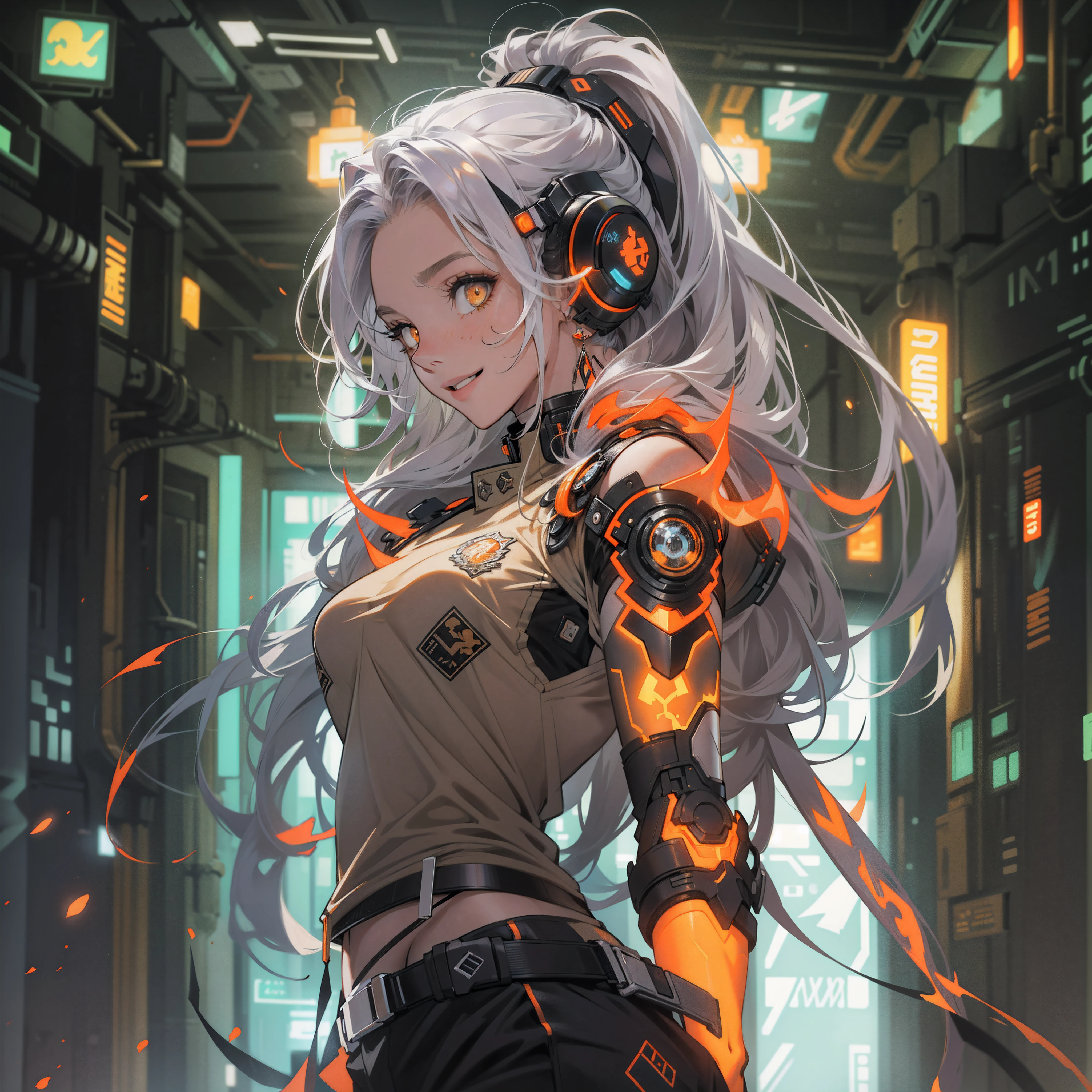 Characters in the flames,large flames,Burning background,Effect of firepower on opponents,fiery,balls of fire,Best quality,tmasterpiece,Super high resolution fills the screen,Indoors at night,flame magic,Burning background,Intense burning,burning athlete,Yellow and orange color scheme,natta,inside a room,Orange neon color scheme,silvery white hair,Black fashion clothing,Orange and black clothes,boxer,beuaty girl,cyberpunk backgrouns,Lateral face,Smiling,Various laid-back poses,Perfect makeup,love eyes,8K quality,cyber punk personage,sense of science and technology,Character backlighting,rim-light,Movement changes,Flowing hairstyle,loose hairstyle,Finger count refinement,The most beautiful girl of mankind,Wearing earphones,Luminous accessories,luminous earrings,Wear delicate accessories,Delicate close-up of the face,Lifelike image quality,Super light and shadow,Have a good figure,meticuloso,Have a good figure,Raised sexy,glowing,Cool,Ray gorgeous,,laughing very happily,