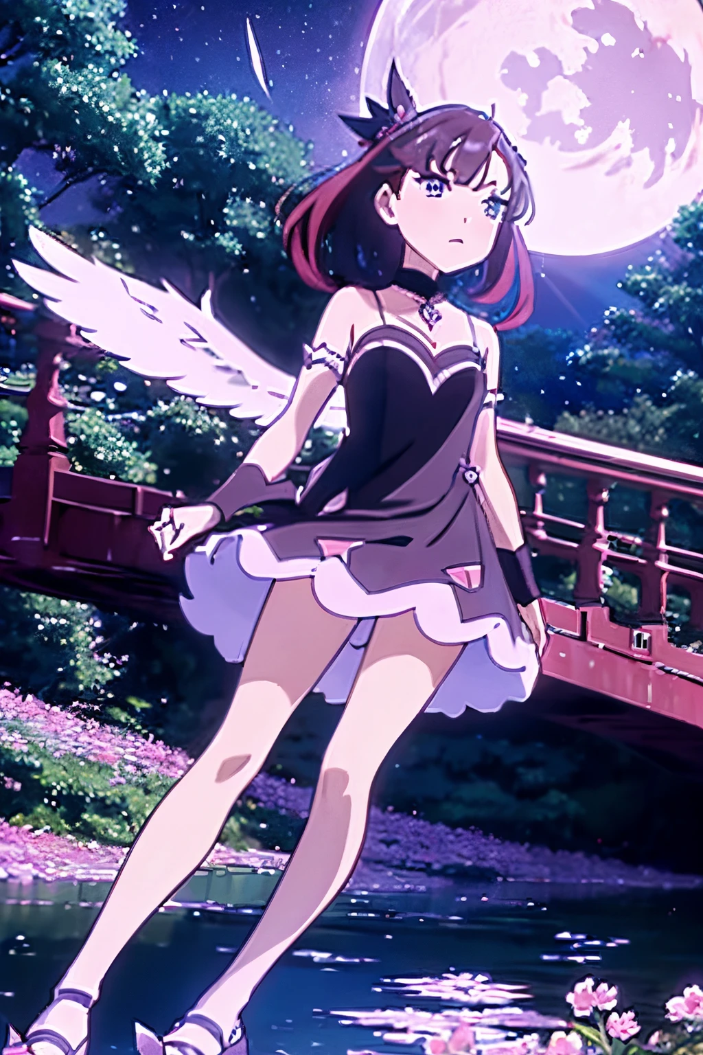 (masterpiece, best quality: 1.2), 1girl, solo, anime art, magic circle, red hair, long hair, finely detailed eyes, serious expression, sweat, dress with ruffles, purple color scheme, high heels, white gloves, heart shaped necklace, tiara, flying birds, forest, angel wings, scales, sharp claws, pointed tail, sakura trees, moonlight filtering through leaves, fallen leaves,  shrubs, sakura flowers, flying flowers, river, bridge, night clouds, starry sky, windy, rustling leaves, anime style