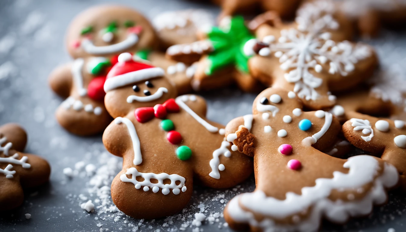 A close-up shot of a cute Christmas gingerbread man cookie’s icing buttons and smile, with a sprinkle of colored sugar, creating a visually sweet and endearing image.