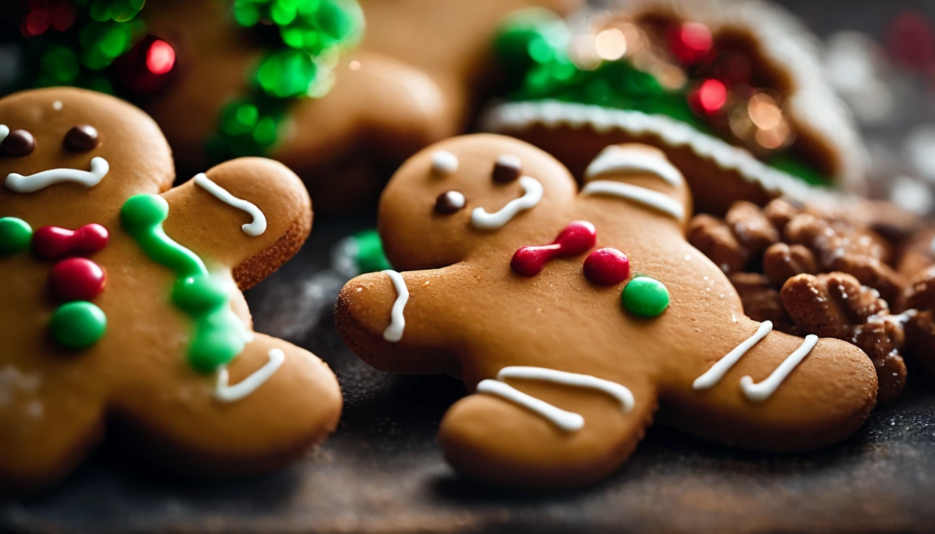 A close-up shot of a cute Christmas gingerbread man cookie’s icing buttons and smile, with a sprinkle of colored sugar, creating a visually sweet and endearing image.