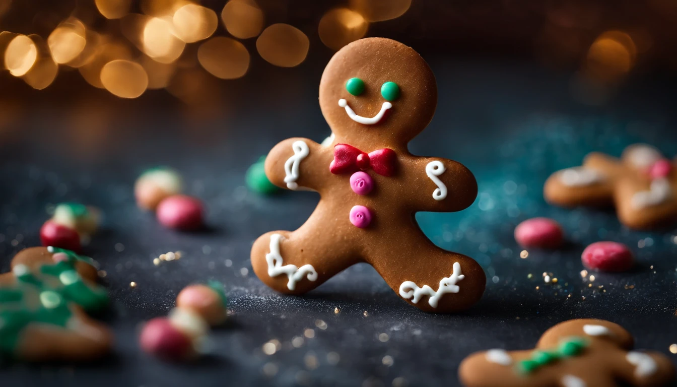 A close-up shot of a cute Christmas gingerbread man cookie’s icing buttons and smile, with a sprinkle of colored sugar, creating a visually sweet and endearing image.