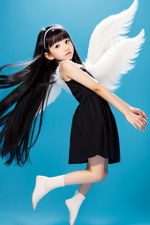 from below,full body,floating,angel, girl,very long black hair,