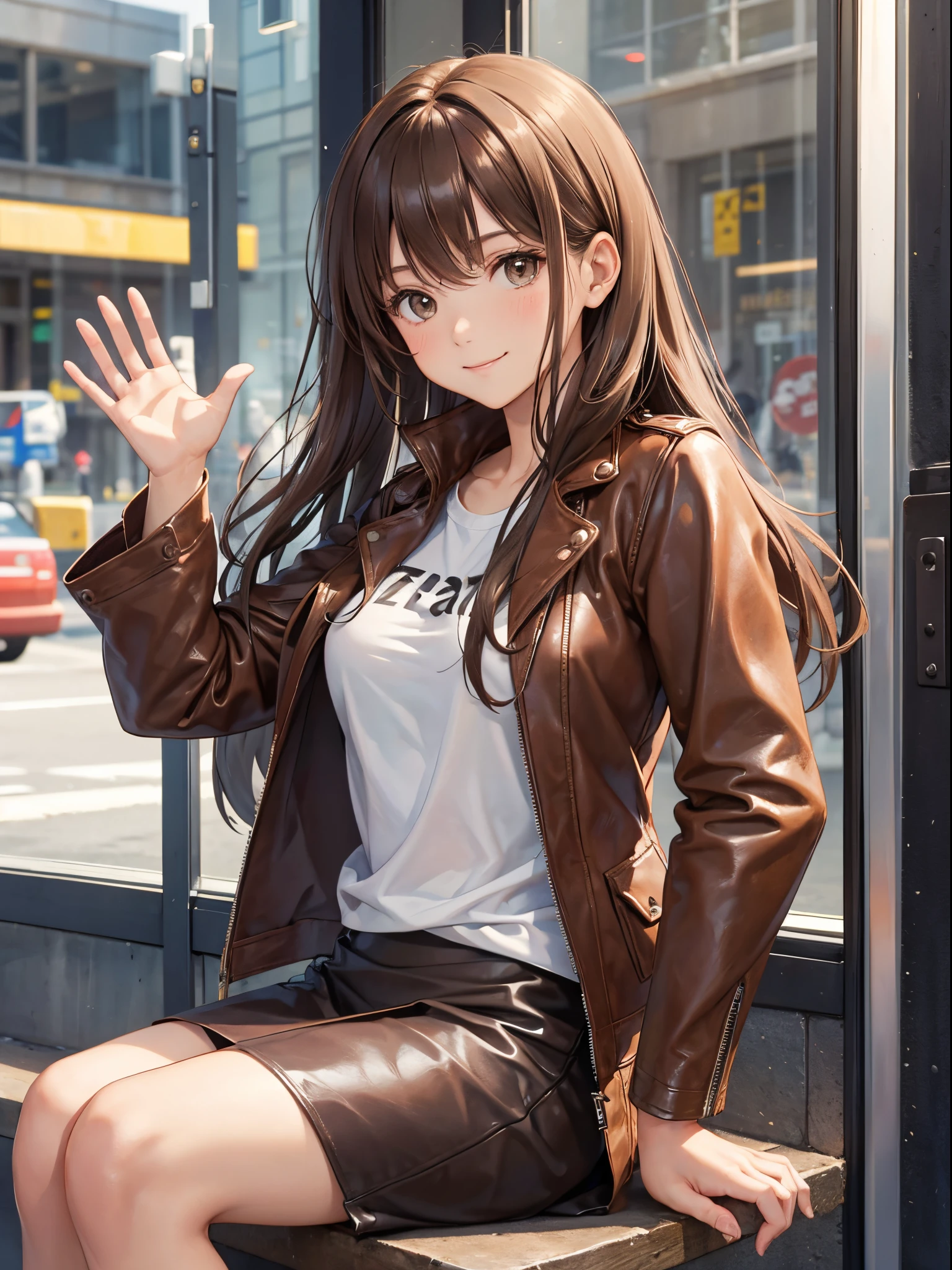 master piece,best quality, Solo woman, cute, sitting, brown leather jacket, T-shirt, brown tight skirt, shy smile, brown hair, long hair, waving in a strong wind hair, brown buckground