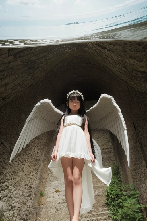 from below,full body,floating,angel, girl,very long black hair,