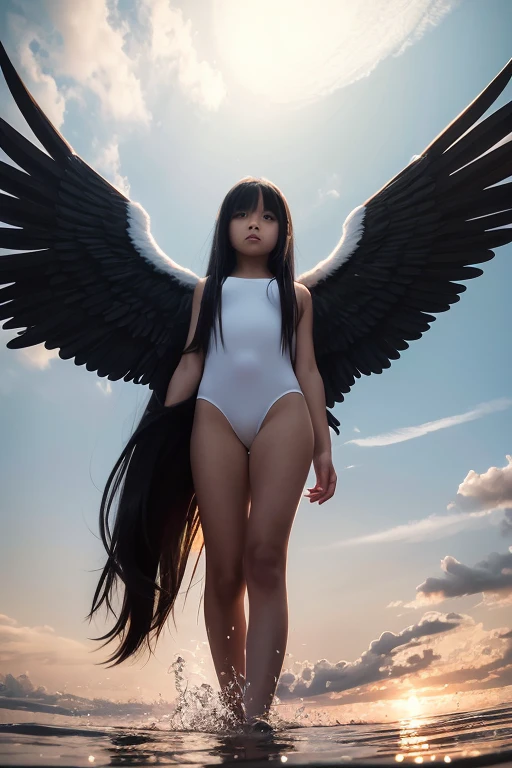 from below,full body,floating,angel,10 years old girl,very long black hair,