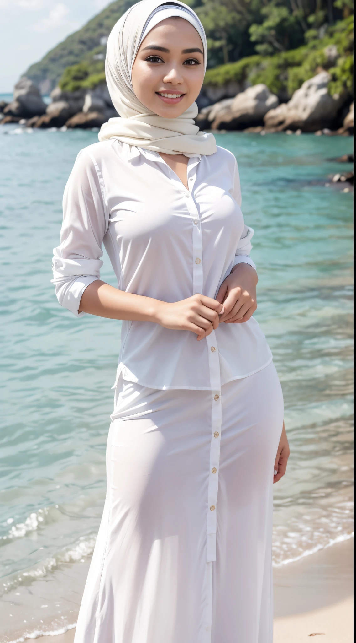 RAW, Best quality, high resolution, masterpiece: 1.3), beautiful Malay woman in hijab (iu:0.8),1 Malay woman wearing a plain hijab. sweet smile. beautiful face.big breast, woman posing for photo in long skirt and white shirt, medium chest. Depth of field background on beach by the sea. In a shirt, in a white shirt, in a fine white shirt, in a shirt, in a white shirt, in a white button shirt, in a white shirt, in an open shirt, in a white shirt, in a light shirt, in a tight and simple outfit, in a white shirt