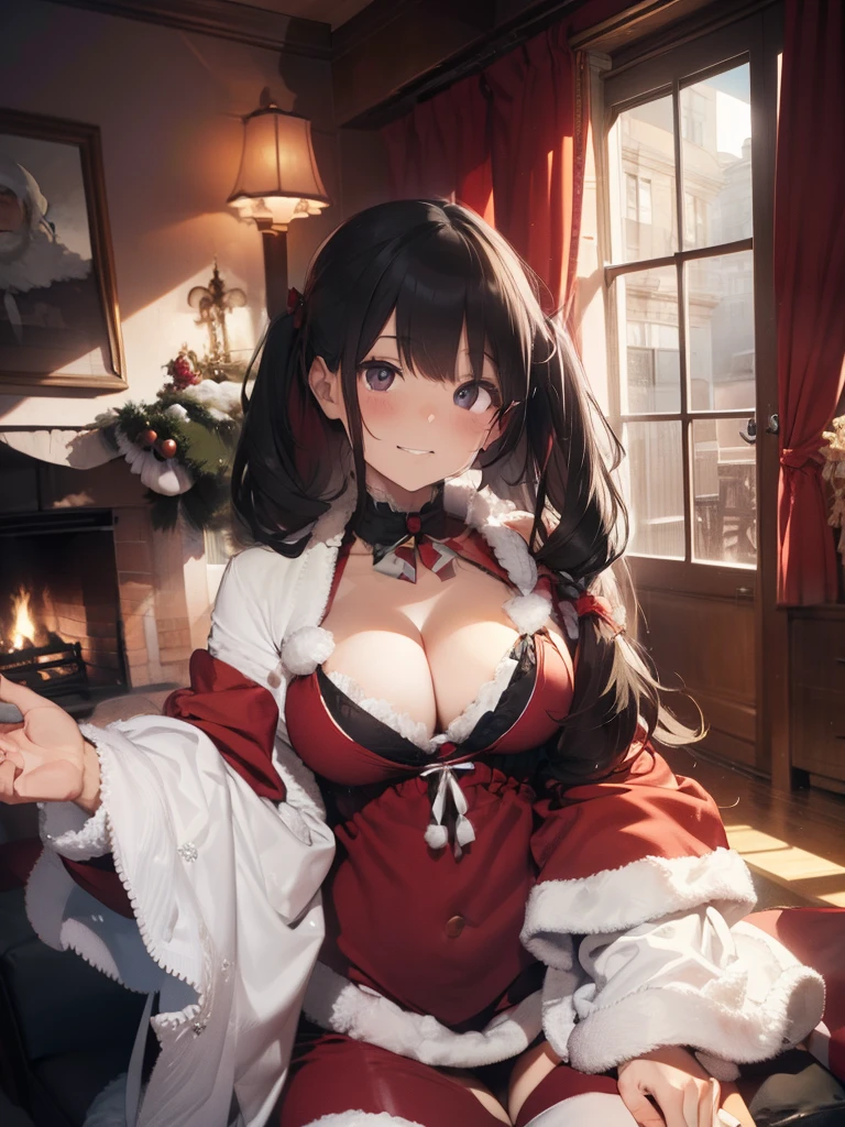 ultra-quality, ultla highres, Hyper Detailed, High contrast, Ultrafine Strike, creative refinement,A dark-haired,ssmile,Santa Claus Costume,Show cleavage,livingroom,5 fingers