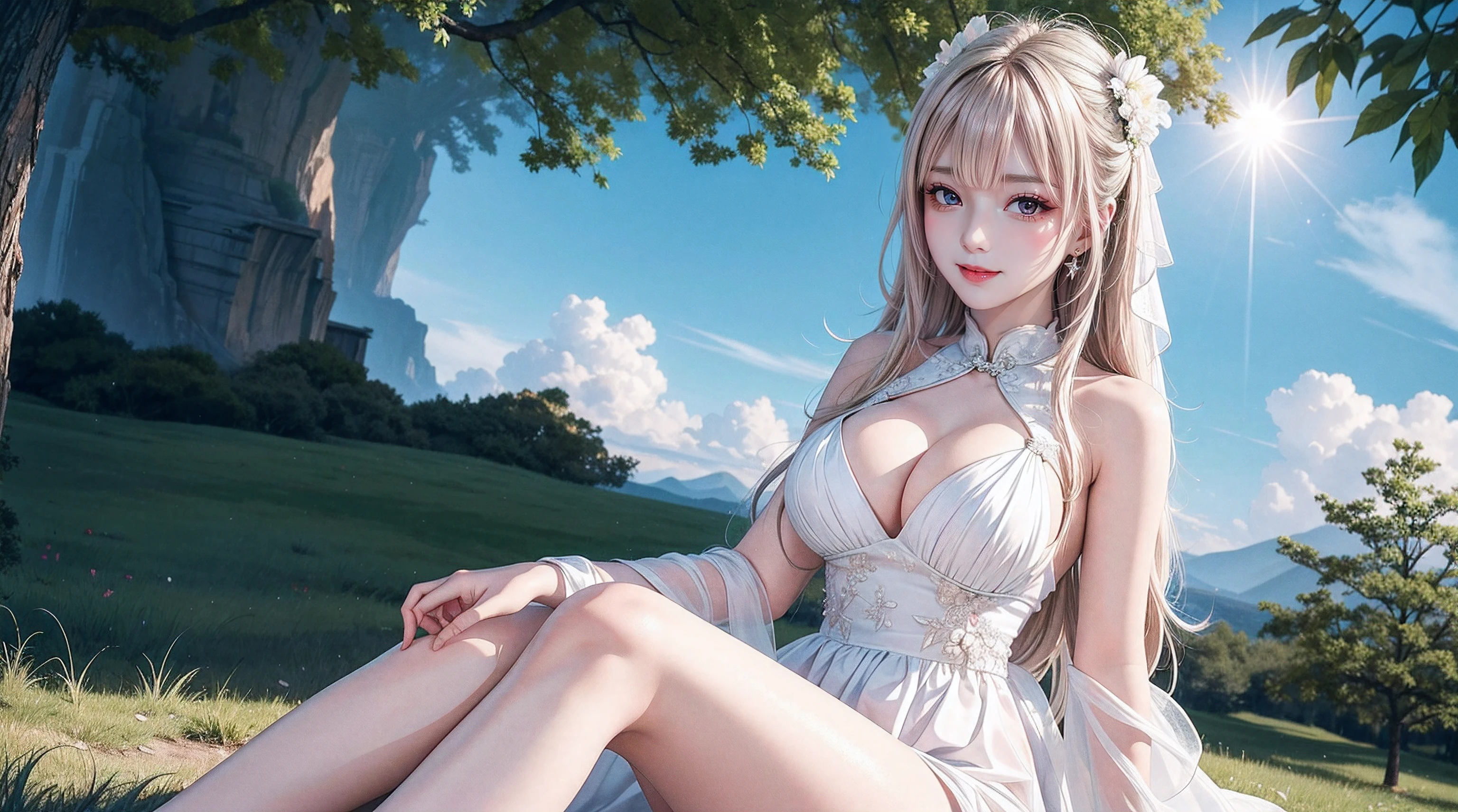 Skysky,daysies,suns,Strong edge light,On a meadow,nipple play_CG,girl,Alone,alternate hair lengths,ahoge,light blush,Long eyelashes,Water-colored eyes,looking at viewert,nedium breasts,Large breasts,Moles on the breast,Bare legged,tmasterpiece,Best quality at best,tmasterpiece,Best quality at best,offcial art,extremely detaild的 CG unified 8k wallpapers,wedding gown:Chinese dress:0.3,expose feet