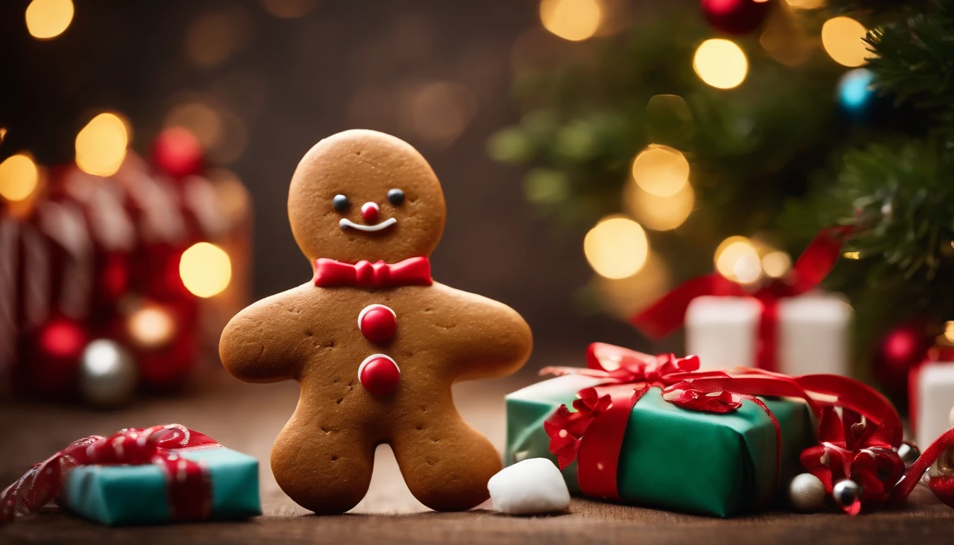 A high-resolution image of a cute Christmas gingerbread man cookie surrounded by festive decorations and wrapped presents, creating a visually merry and holiday-filled scene.