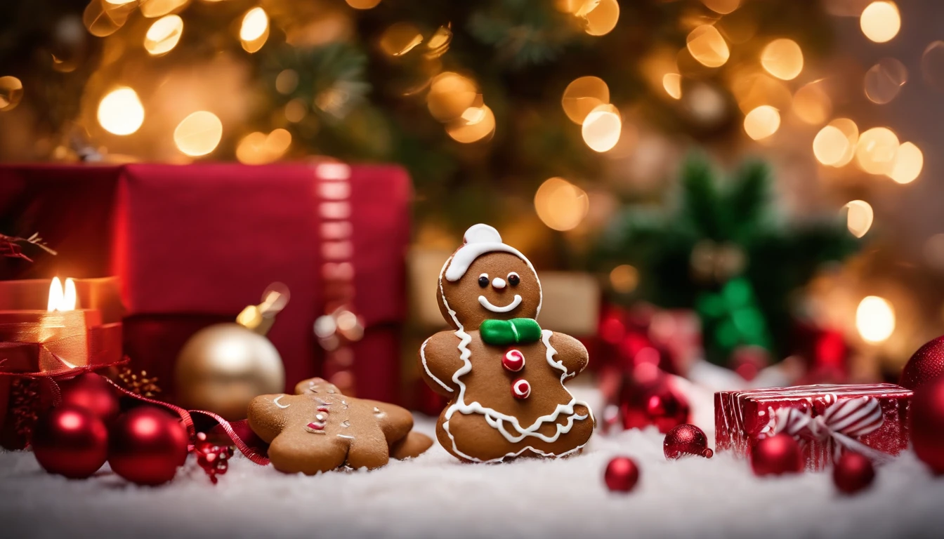 A high-resolution image of a cute Christmas gingerbread man cookie surrounded by festive decorations and wrapped presents, creating a visually merry and holiday-filled scene.